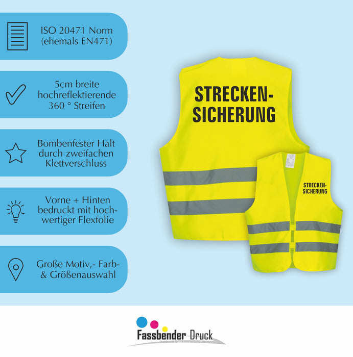 STRECKENSICHERUNG Warnweste | Signalweste nach ISO 20471 | 6 Farben + 3 Größen