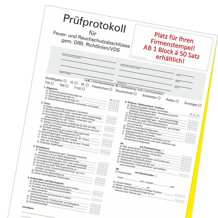 Prüfprotokoll für Feuer und Rauchschutzabschlüsse gem. DIBt Richtlinien / VDS