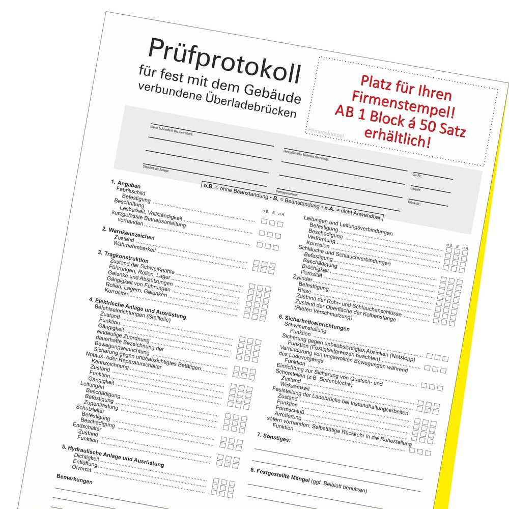 Prüfprotokoll für Überladebrücken "fest mit dem Gebäude verbunden