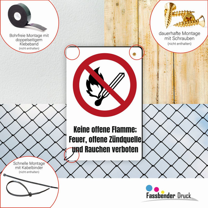Verbotszeichen / Verbotsschild Keine offene Flamme (P003) - zum markieren von Verbotszonen nach DIN EN ISO 7010
