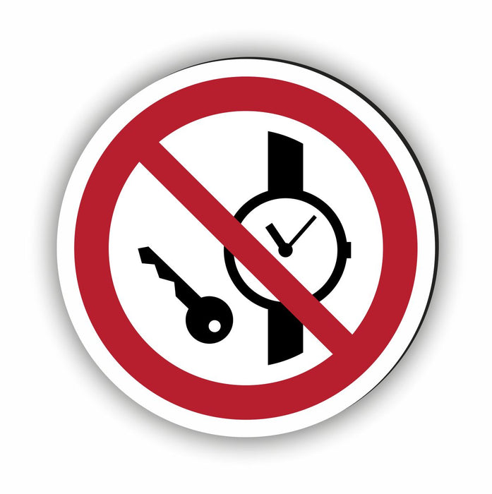 Verbotszeichen Mitführen von Metallteilen oder Uhren verboten RUND (P008) Piktogram nach DIN EN ISO 7010