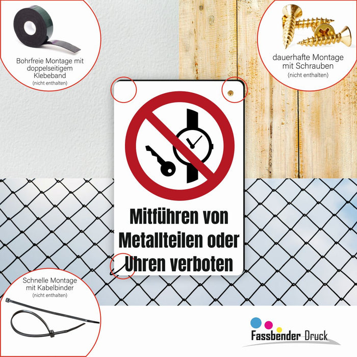 Verbotszeichen / Verbotsschild Mitführen von Metallteilen oder Uhren verboten (P008) - zum markieren von Verbotszonen nach DIN EN ISO 7010