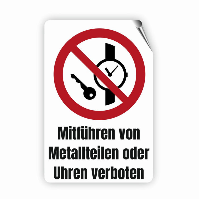 Verbotszeichen / Verbotsschild Mitführen von Metallteilen oder Uhren verboten (P008) - zum markieren von Verbotszonen nach DIN EN ISO 7010