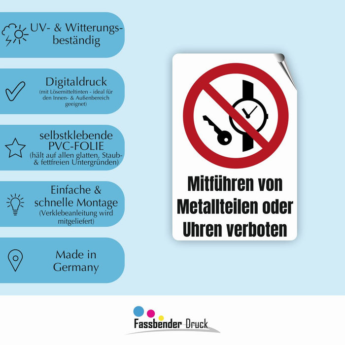 Verbotszeichen / Verbotsschild Mitführen von Metallteilen oder Uhren verboten (P008) - zum markieren von Verbotszonen nach DIN EN ISO 7010
