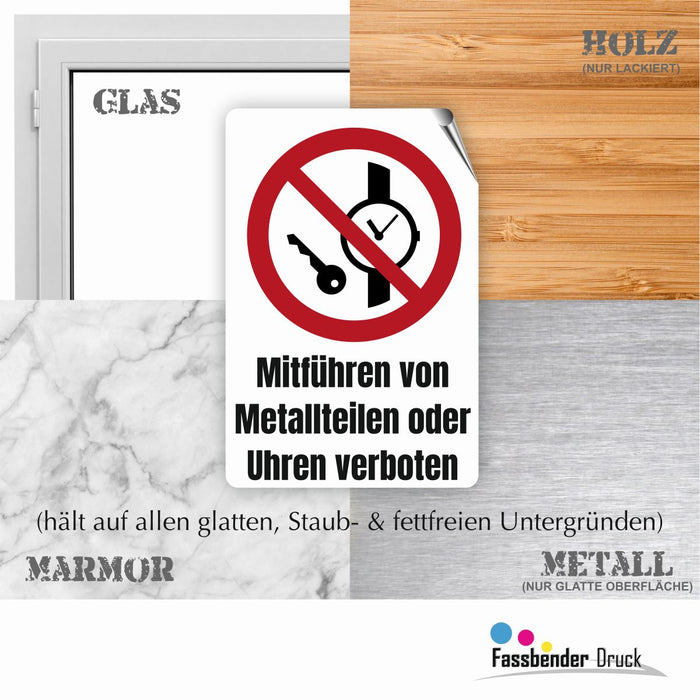 Verbotszeichen / Verbotsschild Mitführen von Metallteilen oder Uhren verboten (P008) - zum markieren von Verbotszonen nach DIN EN ISO 7010