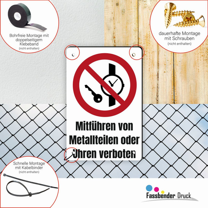 Verbotszeichen / Verbotsschild Mitführen von Metallteilen oder Uhren verboten (P008) - zum markieren von Verbotszonen nach DIN EN ISO 7010
