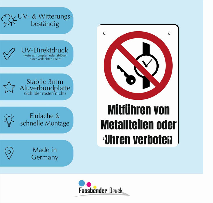 Verbotszeichen / Verbotsschild Mitführen von Metallteilen oder Uhren verboten (P008) - zum markieren von Verbotszonen nach DIN EN ISO 7010