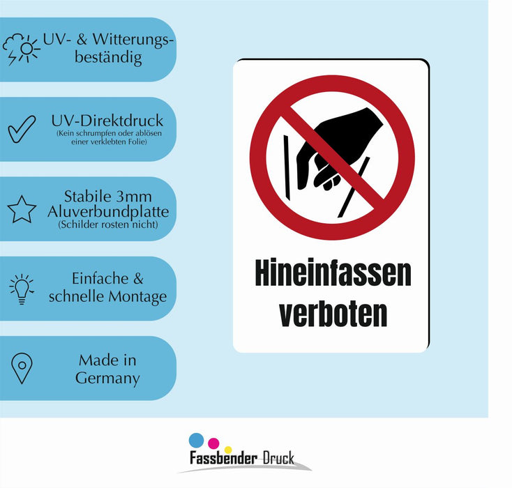 Verbotszeichen / Verbotsschild Hineinfassen verboten (P015) - zum markieren von Verbotszonen nach DIN EN ISO 7010