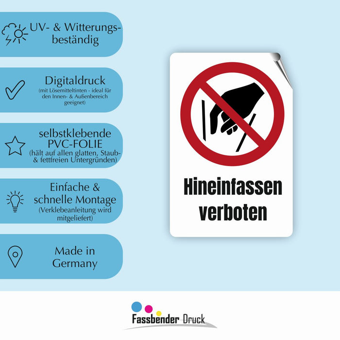 Verbotszeichen / Verbotsschild Hineinfassen verboten (P015) - zum markieren von Verbotszonen nach DIN EN ISO 7010
