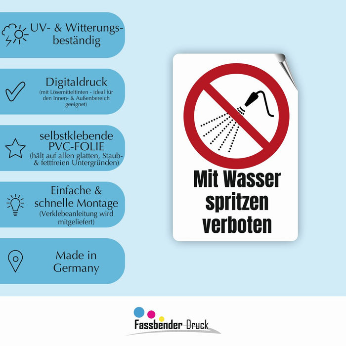 Verbotszeichen / Verbotsschild Mit Wasser spritzen verboten (P016) - zum markieren von Verbotszonen nach DIN EN ISO 7010