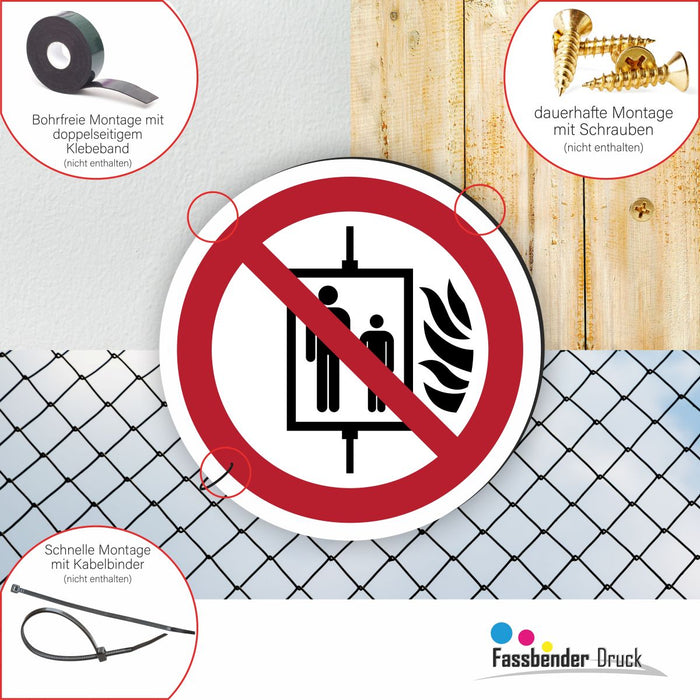 Verbotszeichen Aufzug im Brandfall nicht benutzen RUND (P020) Piktogram nach DIN EN ISO 7010