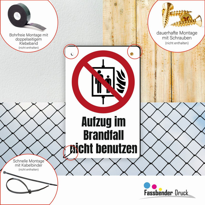 Verbotszeichen / Verbotsschild Aufzug im Brandfall nicht benutzen (P020) - zum markieren von Verbotszonen nach DIN EN ISO 7010