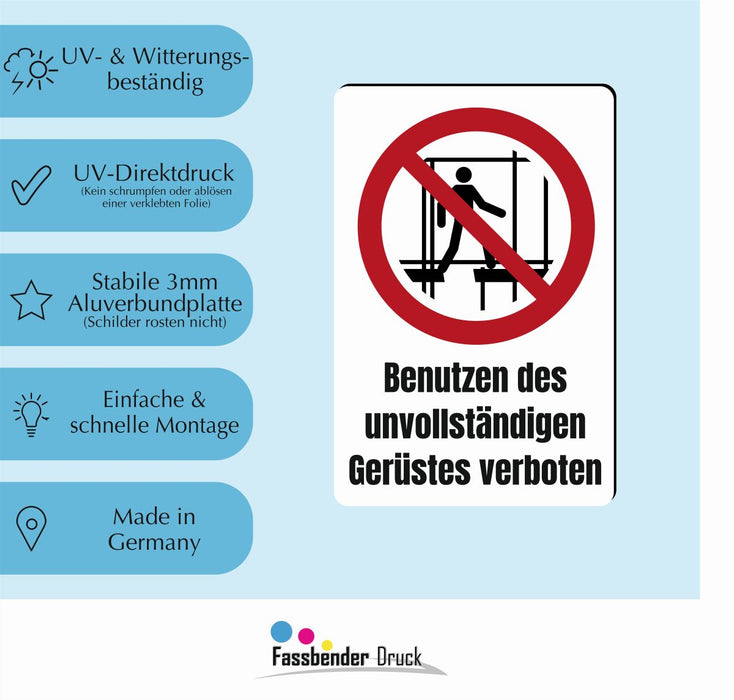 Verbotszeichen / Verbotsschild Benutzen des unvollständigen Gerüstes verboten (P025) - zum markieren von Verbotszonen nach DIN EN ISO 7010