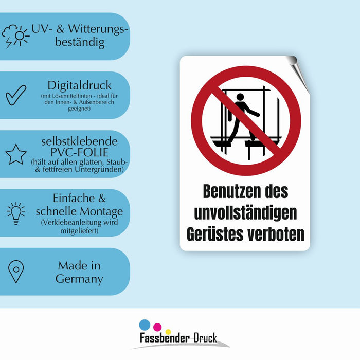 Verbotszeichen / Verbotsschild Benutzen des unvollständigen Gerüstes verboten (P025) - zum markieren von Verbotszonen nach DIN EN ISO 7010
