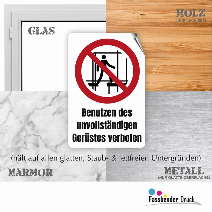 Verbotszeichen / Verbotsschild Benutzen des unvollständigen Gerüstes verboten (P025) - zum markieren von Verbotszonen nach DIN EN ISO 7010