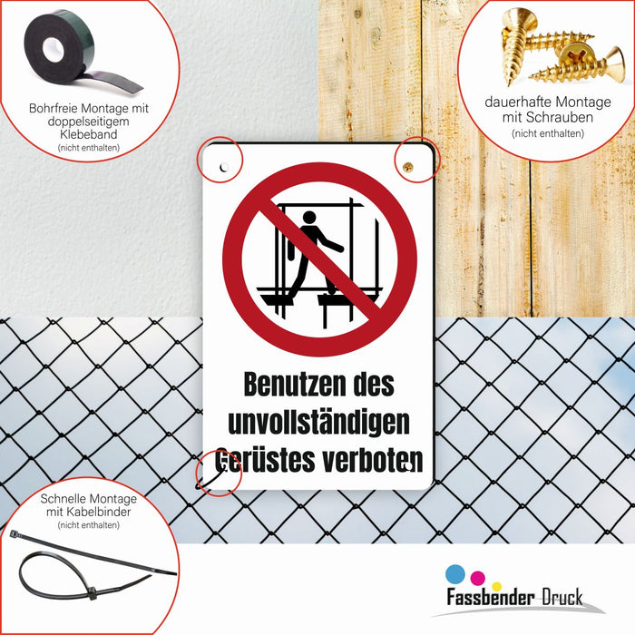 Verbotszeichen / Verbotsschild Benutzen des unvollständigen Gerüstes verboten (P025) - zum markieren von Verbotszonen nach DIN EN ISO 7010