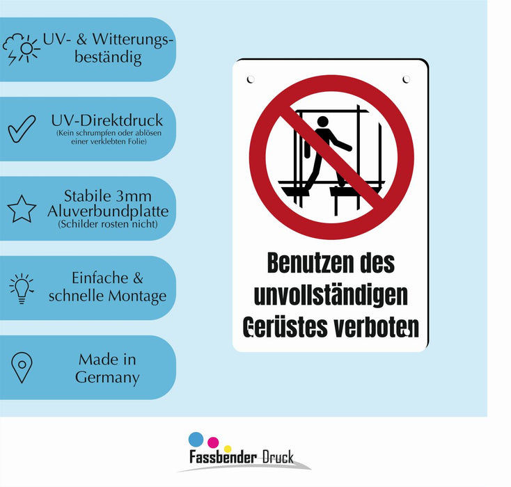 Verbotszeichen / Verbotsschild Benutzen des unvollständigen Gerüstes verboten (P025) - zum markieren von Verbotszonen nach DIN EN ISO 7010