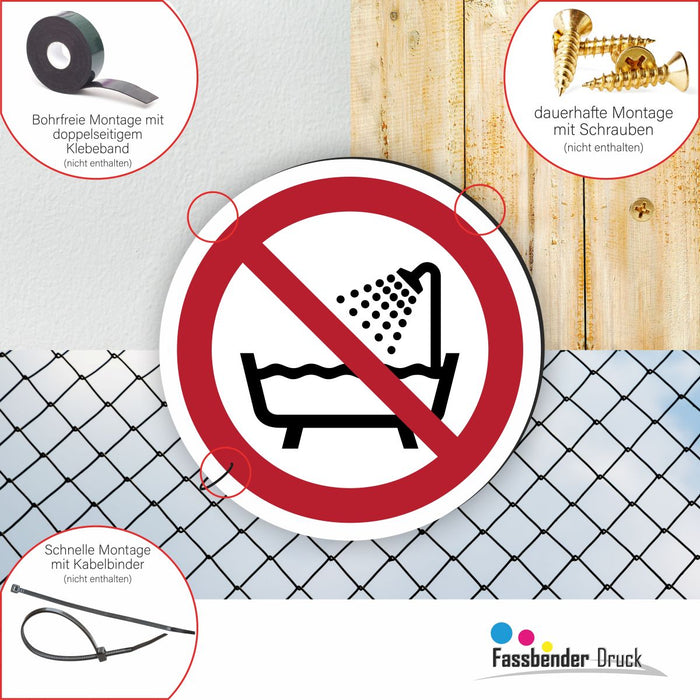 Verbotszeichen Verbot, dieses Gerät in der Badewanne zu benutzen RUND (P026) Piktogram nach DIN EN ISO 7010