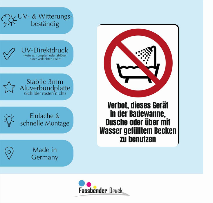 Verbotszeichen / Verbotsschild Verbot, dieses Gerät in der Badewanne zu benutzen (P026) - zum markieren von Verbotszonen nach DIN EN ISO 7010