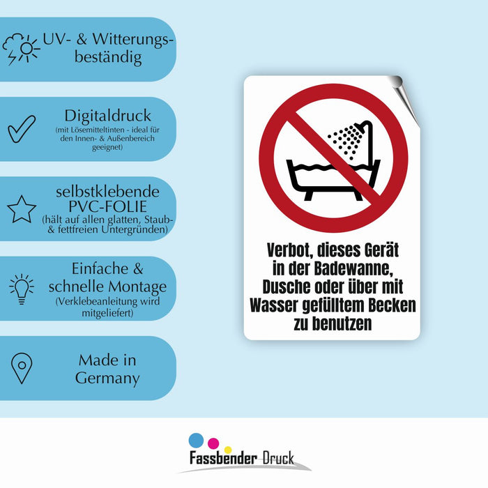 Verbotszeichen / Verbotsschild Verbot, dieses Gerät in der Badewanne zu benutzen (P026) - zum markieren von Verbotszonen nach DIN EN ISO 7010