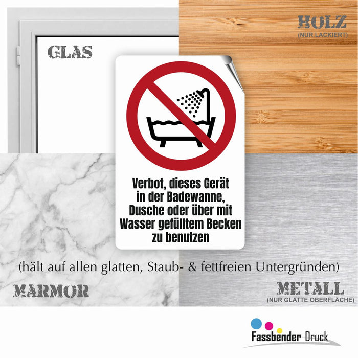 Verbotszeichen / Verbotsschild Verbot, dieses Gerät in der Badewanne zu benutzen (P026) - zum markieren von Verbotszonen nach DIN EN ISO 7010