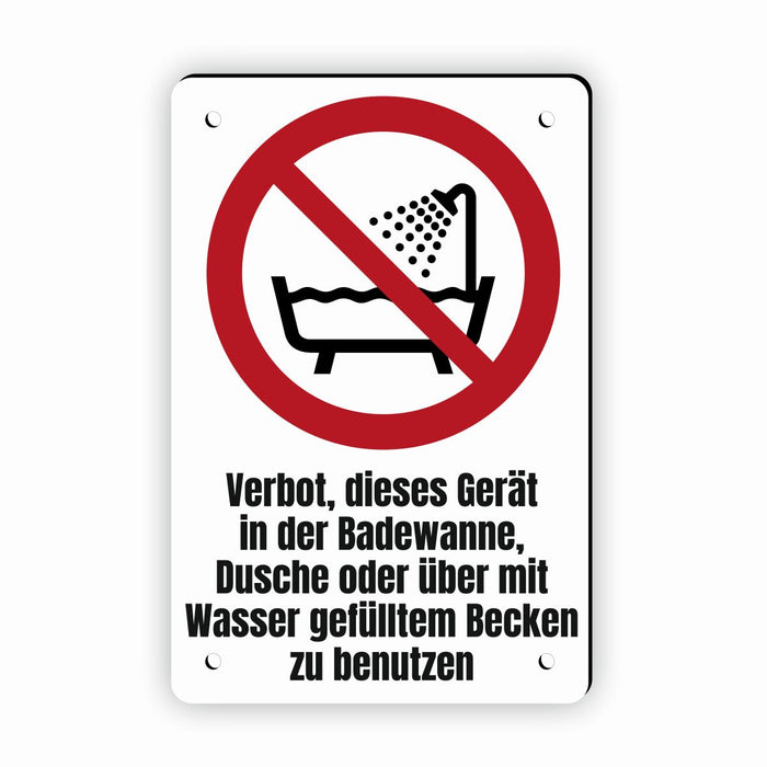 Verbotszeichen / Verbotsschild Verbot, dieses Gerät in der Badewanne zu benutzen (P026) - zum markieren von Verbotszonen nach DIN EN ISO 7010