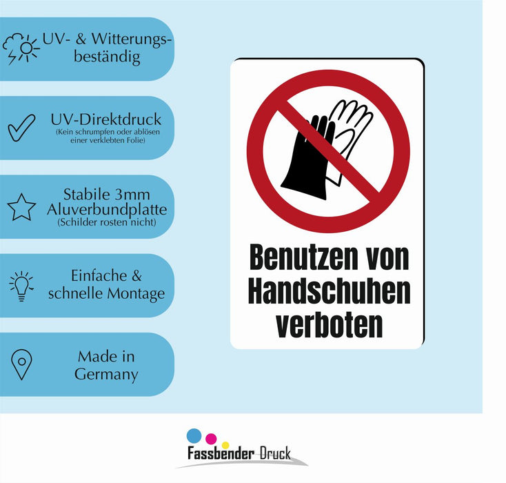 Verbotszeichen / Verbotsschild Benutzen von Handschuhen verboten (P028) - zum markieren von Verbotszonen nach DIN EN ISO 7010