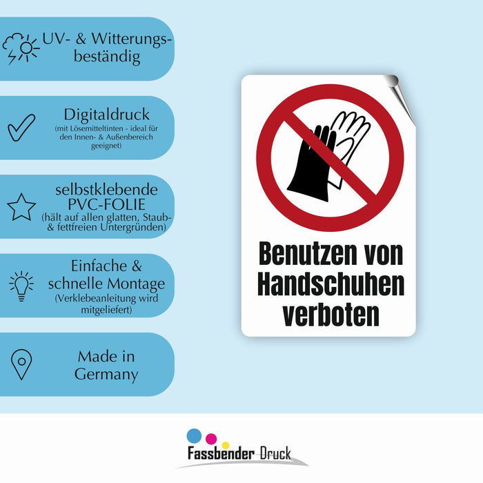 Verbotszeichen / Verbotsschild Benutzen von Handschuhen verboten (P028) - zum markieren von Verbotszonen nach DIN EN ISO 7010
