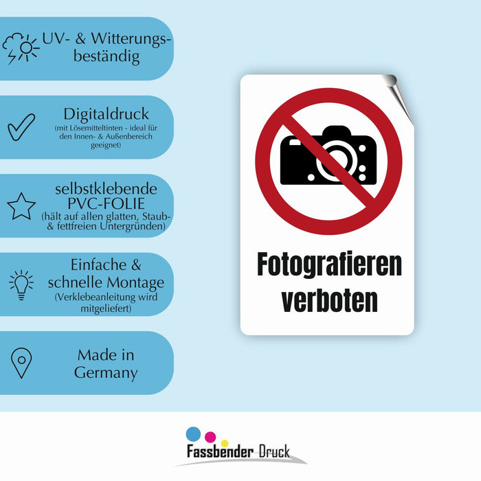 Verbotszeichen / Verbotsschild Fotografieren verboten (P029) - zum markieren von Verbotszonen nach DIN EN ISO 7010