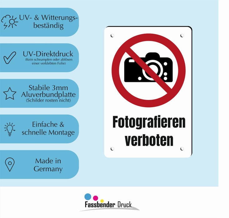 Verbotszeichen / Verbotsschild Fotografieren verboten (P029) - zum markieren von Verbotszonen nach DIN EN ISO 7010