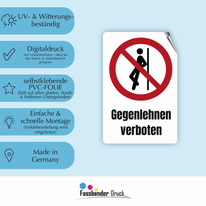 Verbotszeichen / Verbotsschild Gegenlehnen verboten (P041) - zum markieren von Verbotszonen nach DIN EN ISO 7010