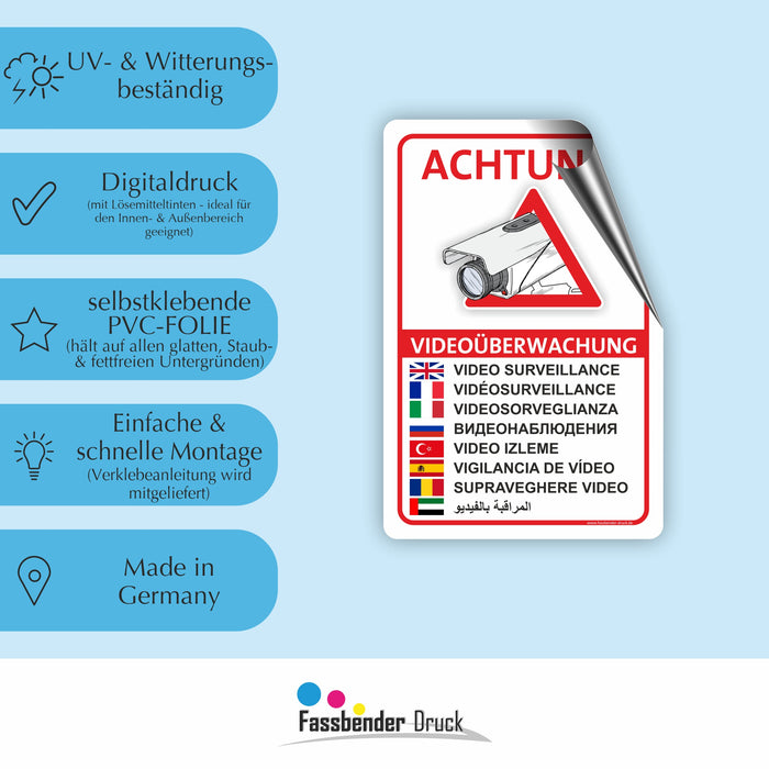 ACHTUNG VIDEOÜBERWACHT (9 Sprachen)