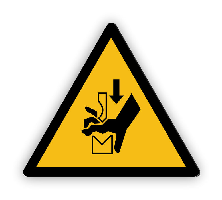 Warnzeichen (W030) Warnung vor Quetschgefahr der Hand zwischen Werkzeugen einer Presse - nach DIN EN ISO 7010