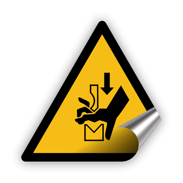 Warnzeichen (W030) Warnung vor Quetschgefahr der Hand zwischen Werkzeugen einer Presse - nach DIN EN ISO 7010