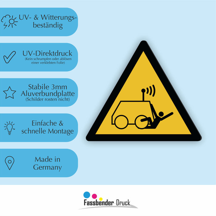 Warnzeichen (W037) Warnung vor Überrollen durch ferngesteuerte Maschine - nach DIN EN ISO 7010