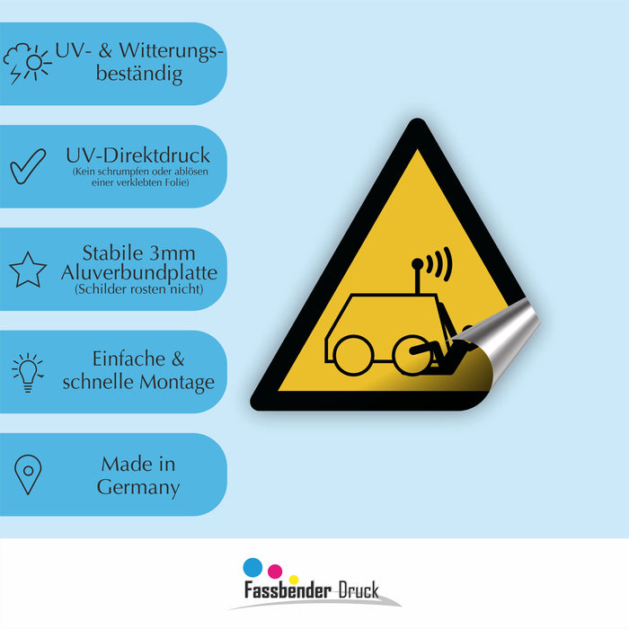 Warnzeichen (W037) Warnung vor Überrollen durch ferngesteuerte Maschine - nach DIN EN ISO 7010