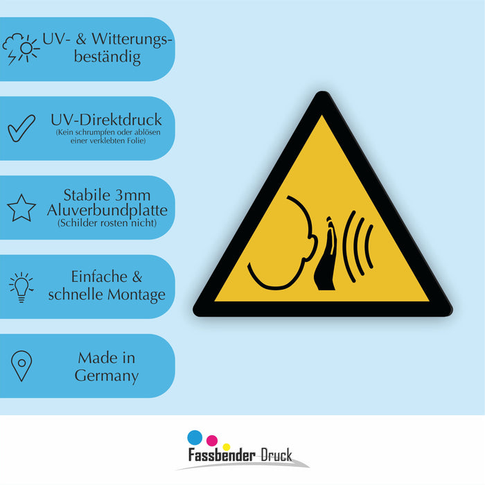 Warnzeichen (W038) Warnung vor unvermittelt auftretendem lauten Geräusch - nach DIN EN ISO 7010