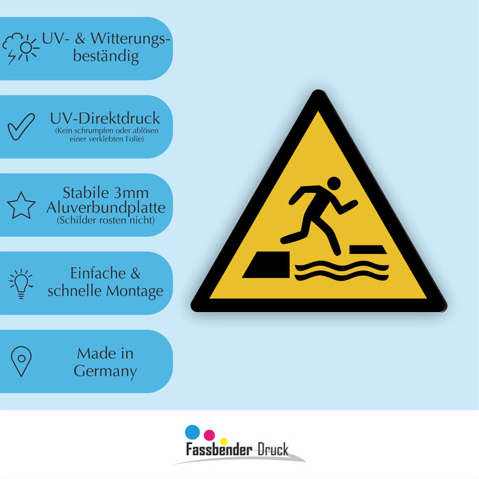 Warnzeichen (W068) Warnung vor dem ins Wasser Fallen beim Betreten oder Verlassen einer schwimmenden Fläche - nach DIN EN ISO 7010