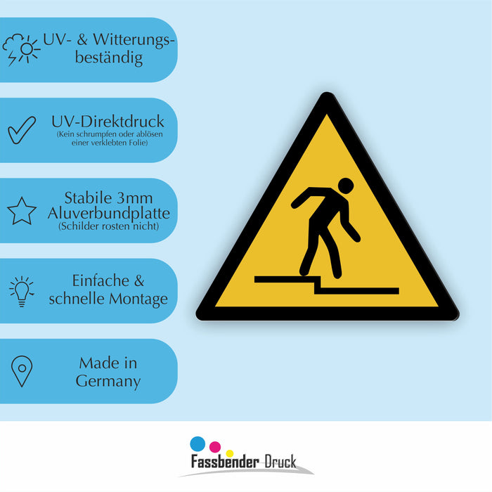 Warnzeichen (W070) Warnung vor Abwärtsstufe - nach DIN EN ISO 7010