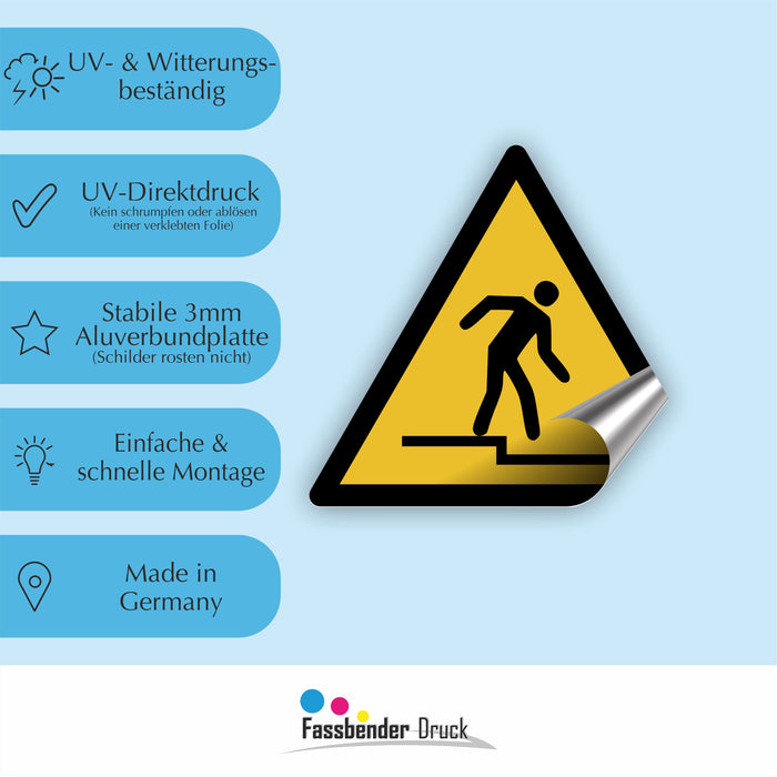 Warnzeichen (W070) Warnung vor Abwärtsstufe - nach DIN EN ISO 7010